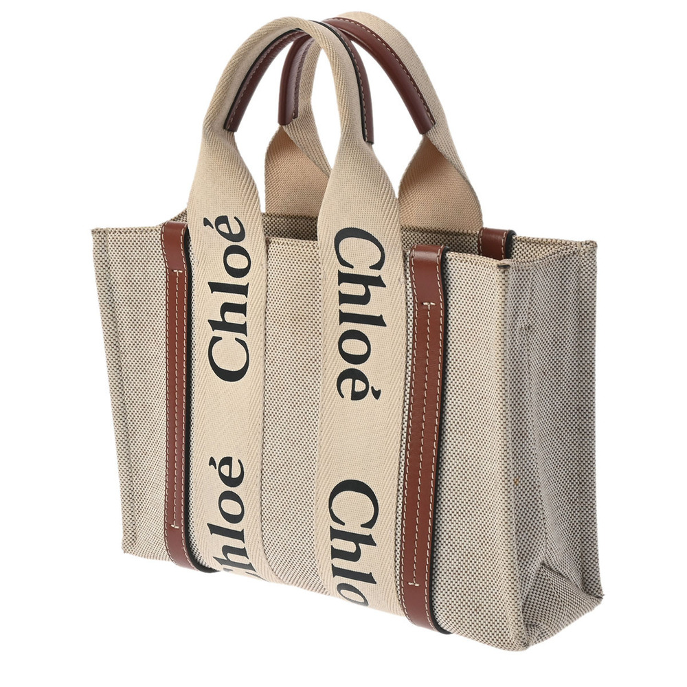 Chloe Woody Beige Canvas Shiny Brown Handbag Tan Brown